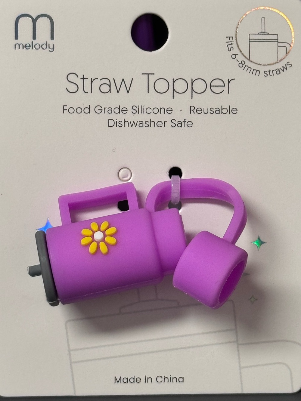 NWT Melody Silicone Water Bottle Tumbler Straw Topper Cover Daisy Floral Purple